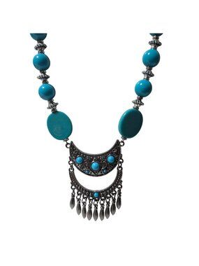Turquoise Beaded Boho Necklace Silver Tone Crescent Pendant Dangling Charms